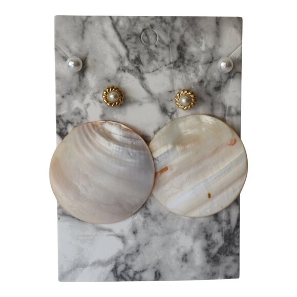 Mother Of Pearl Statement Earrings With Gold-Tone Accents & Pearl Studs - Picture 1 of 3